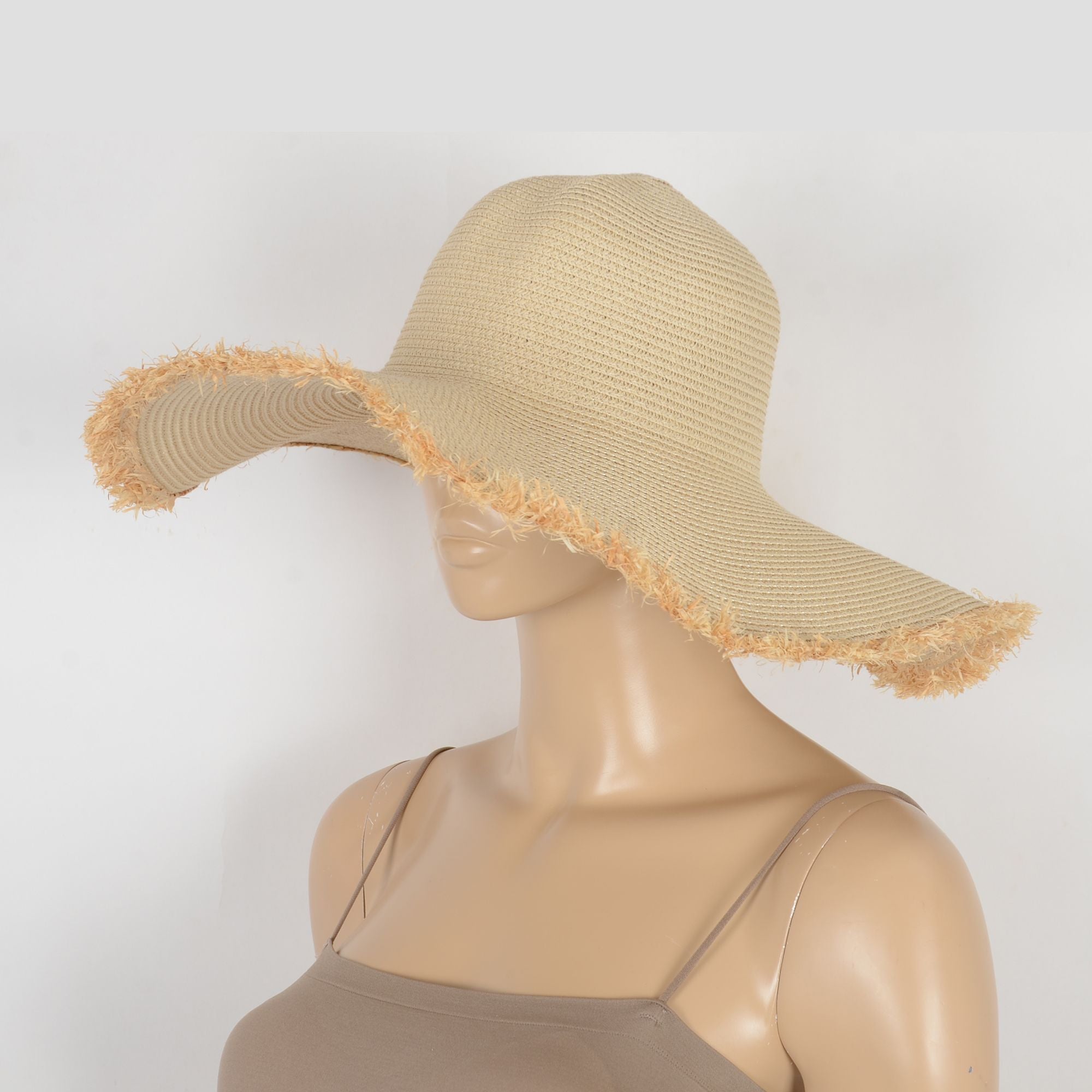 Anna-Kaci Wide Brim Straw Floppy Hat with Frayed Edges Lightweight Sun Protection for Beach Vacation Outdoor Travel Style