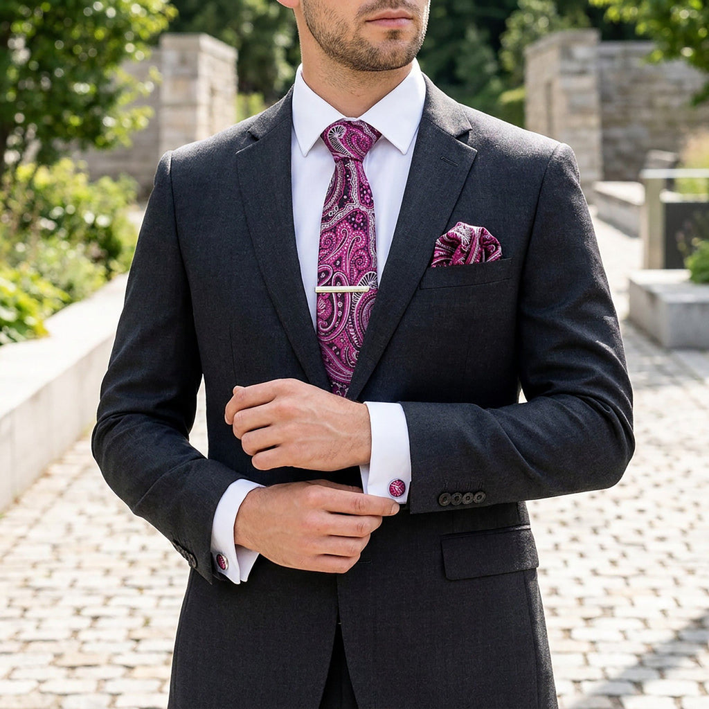 Men's Rose Floral Tie Gift Set with Matching Pocket Square Cufflinks and Silver Tie Clip