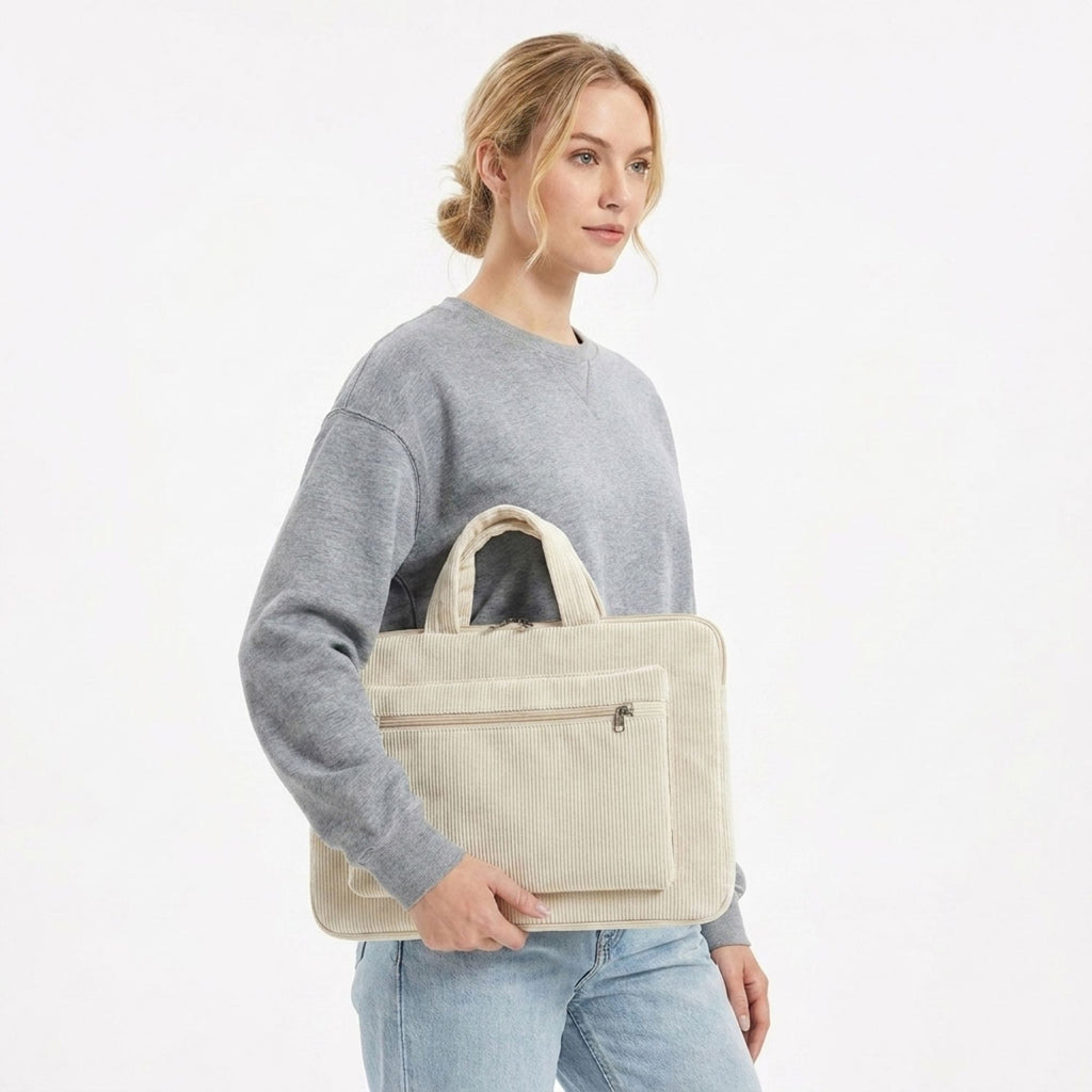 Corduroy Laptop Bag Large Capacity Work Tote with Front Zipper Pocket