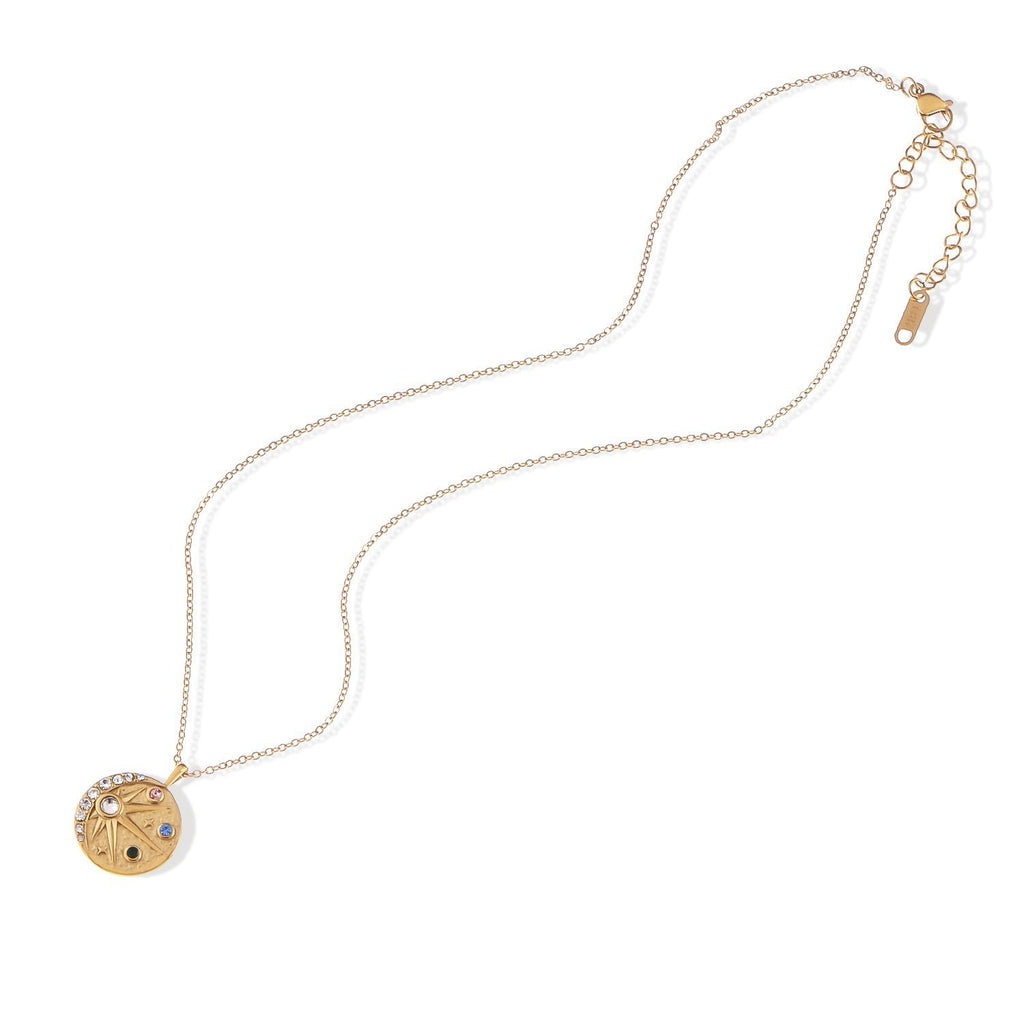Women's Stainless Steel Necklace with 18K Gold Plated Cosmic Pendant, Zircon Accents, Adjustable Chain
