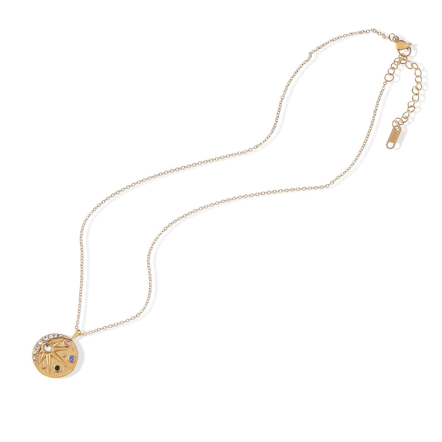 Women's Stainless Steel Necklace with 18K Gold Plated Cosmic Pendant, Zircon Accents, Adjustable Chain