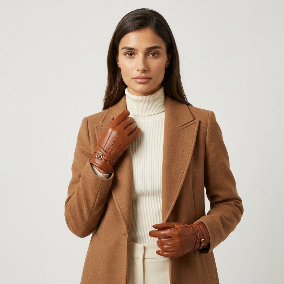 Faux Leather Winter Gloves with Crisscross Wrist Strap and Full Finger Design 9.4 x 3.3in