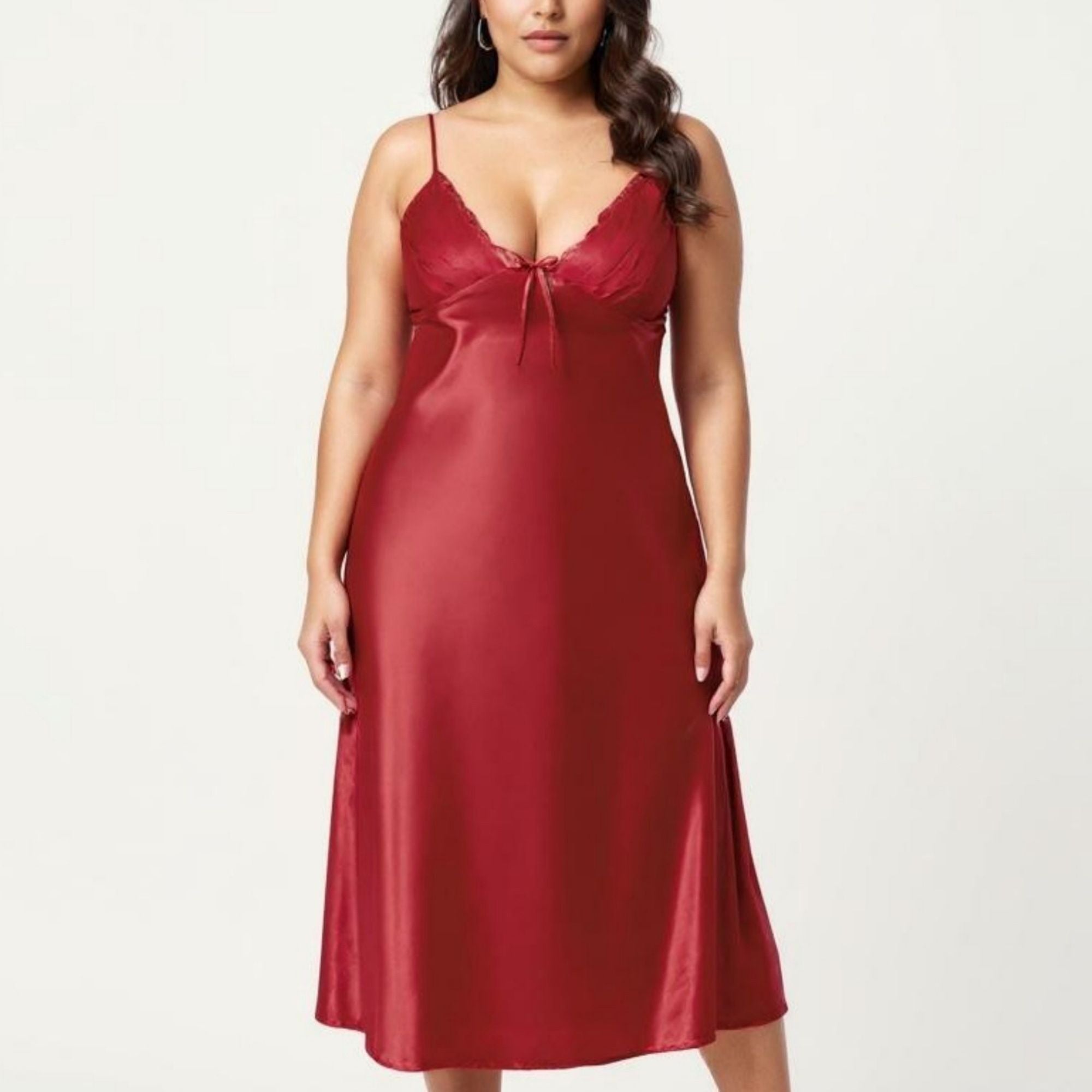 Anna-Kaci Lounge Women's Plus Size Satin Chemise Nightgown with Lace Trim Neckline Adjustable Straps Side Slit Slip Dress