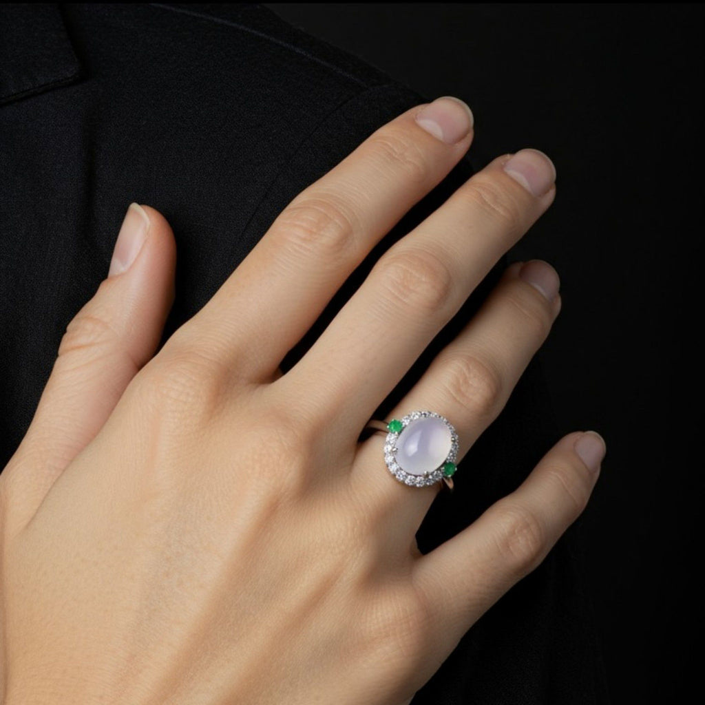 Women's White Jade Ring with Crystal Halo and Green Gemstone Accents