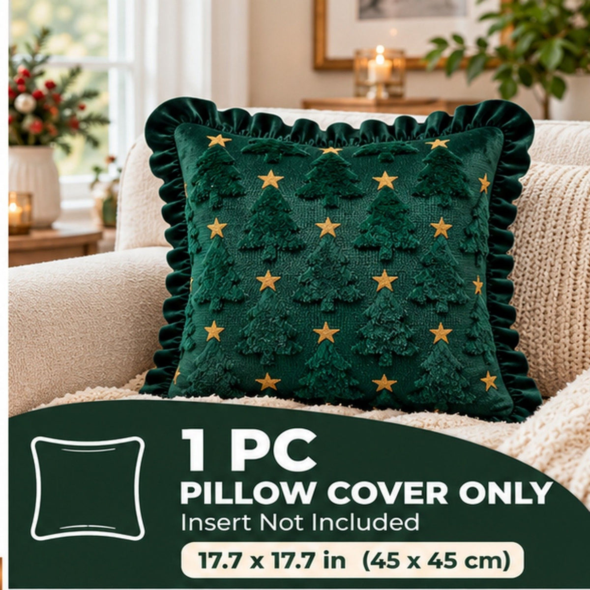 1 Piece Christmas Tree Throw Pillow Cover with Ruffle Trim Stars 18 x 18 Inch