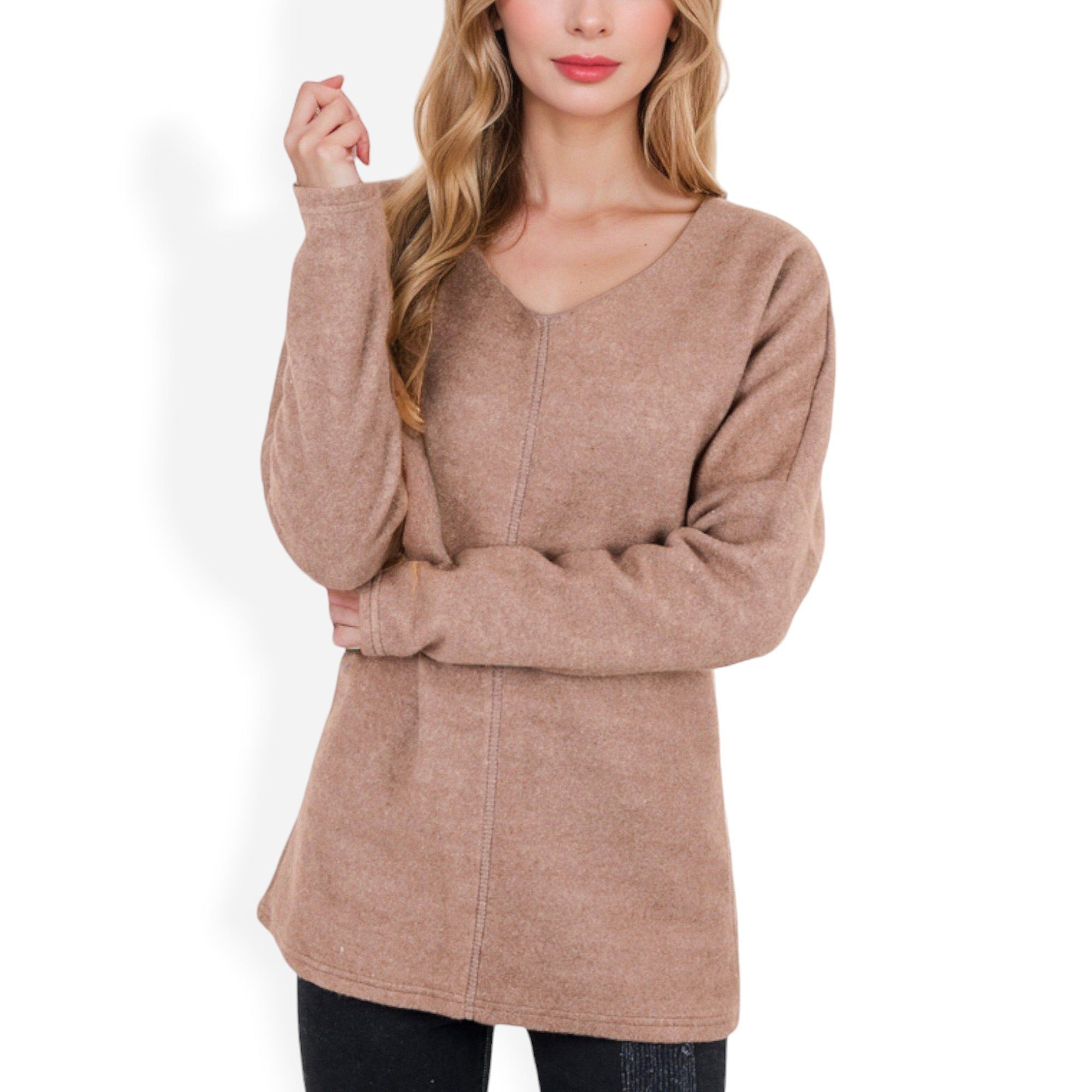 Anna-Kaci Women's Long Sleeve V-Neck Tunic Sweater with Seam Detail