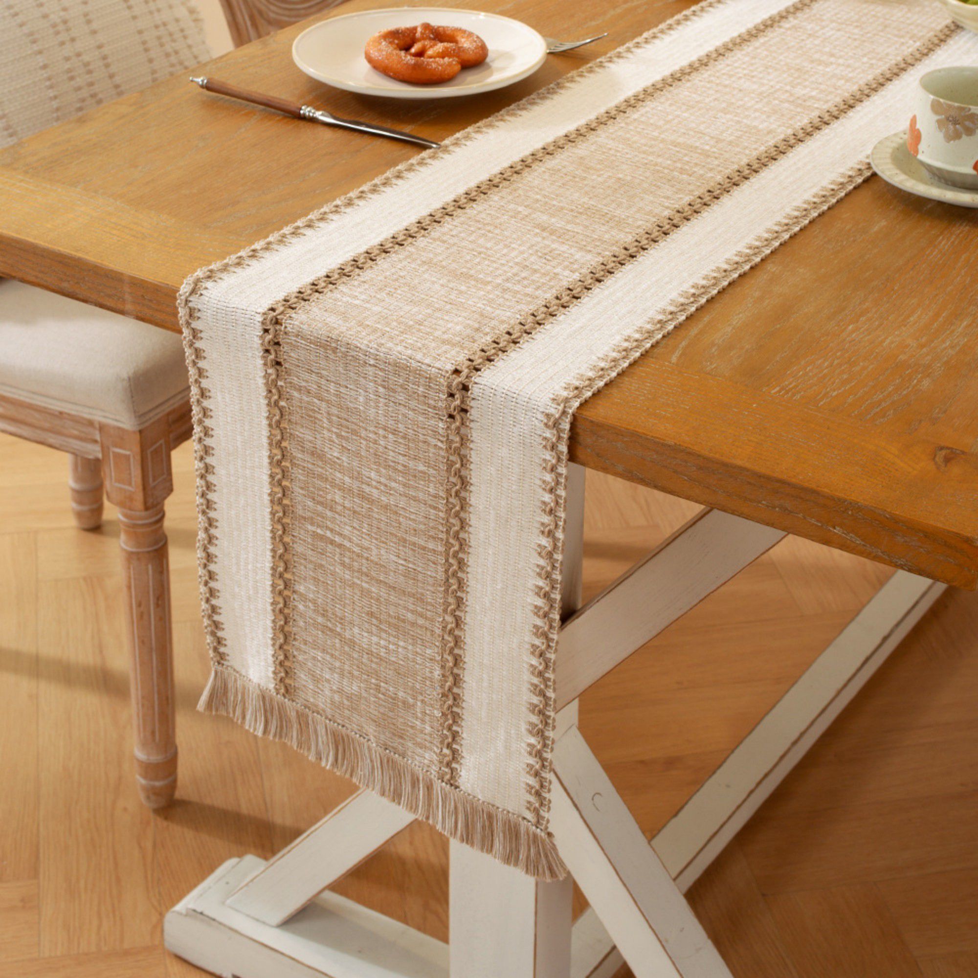 Textured Woven Table Runner with Fringe Trim and Neutral Stripe Pattern 47x11.8 in