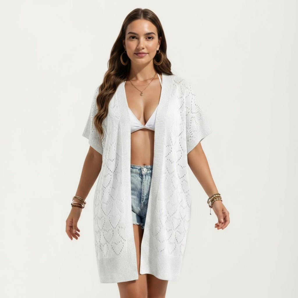Anna-Kaci Women's Open Front Knit Cardigan with Heart Pointelle Pattern Short Sleeves Relaxed Mid Length Fit