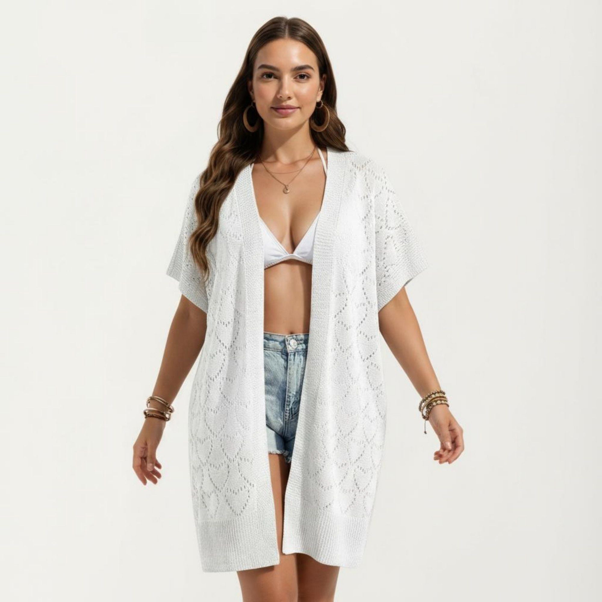 Anna-Kaci Women's Open Front Knit Cardigan with Heart Pointelle Pattern Short Sleeves Relaxed Mid Length Fit