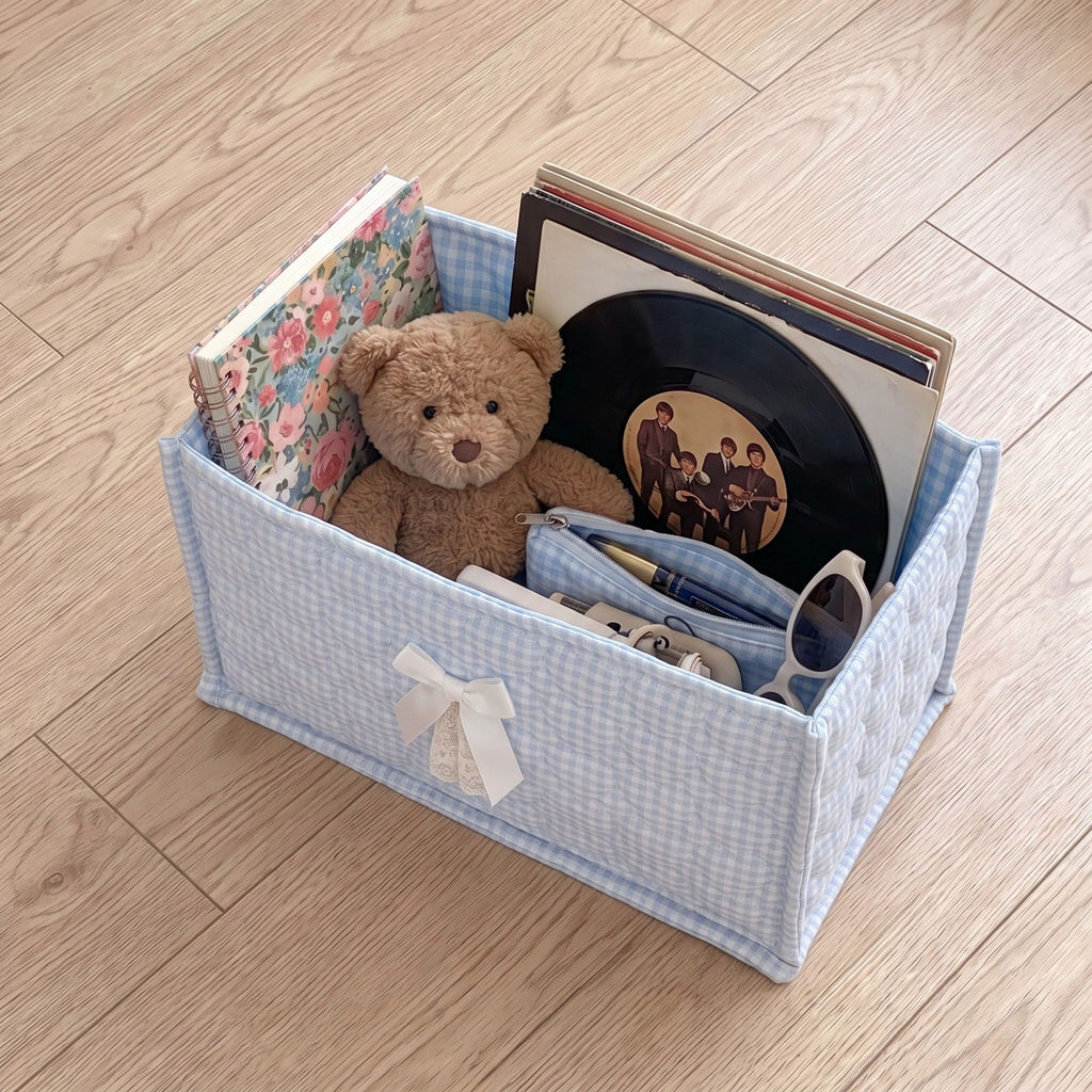 Quilted Heart Gingham Rectangular Storage Bin with Bow & Lace Accent