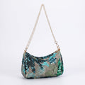 Floral Embroidered Sequin Shoulder Bag with Chain Strap Curved Silhouette