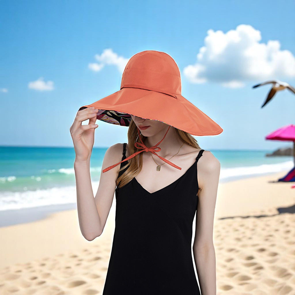 Anna-Kaci Wide Brim Sun Hat with Ponytail Hole Neck Tie Closure and Patterned Lining for UV Protection and Outdoor Style