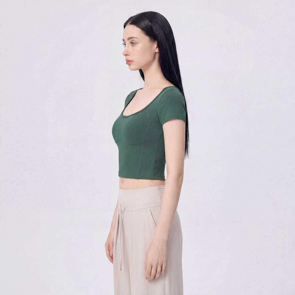 Short Sleeve Cropped Yoga Top with Built In Padding Scoop Neck Contoured Seam Activewear T Shirt