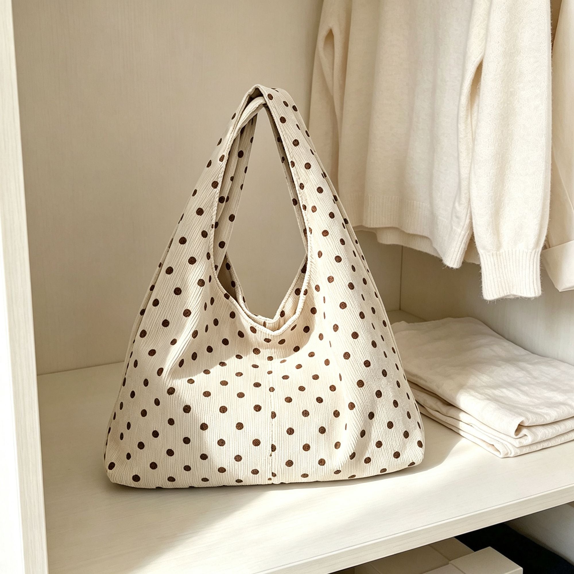 Polka Dot Corduroy Hobo Shoulder Bag with Wide Strap and Interior Pockets
