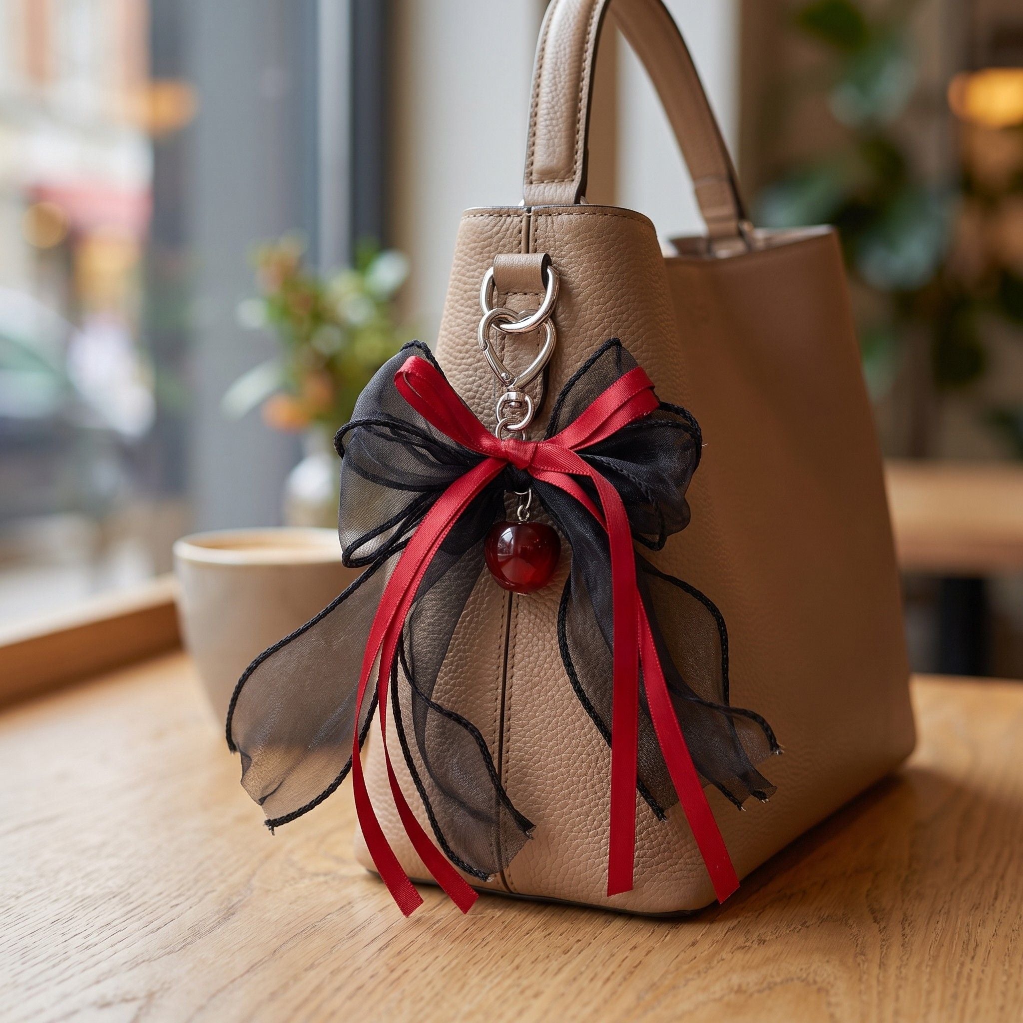 Lace Bow Bag Charm Keychain with Cherry Accent and Metal Ring Clasp