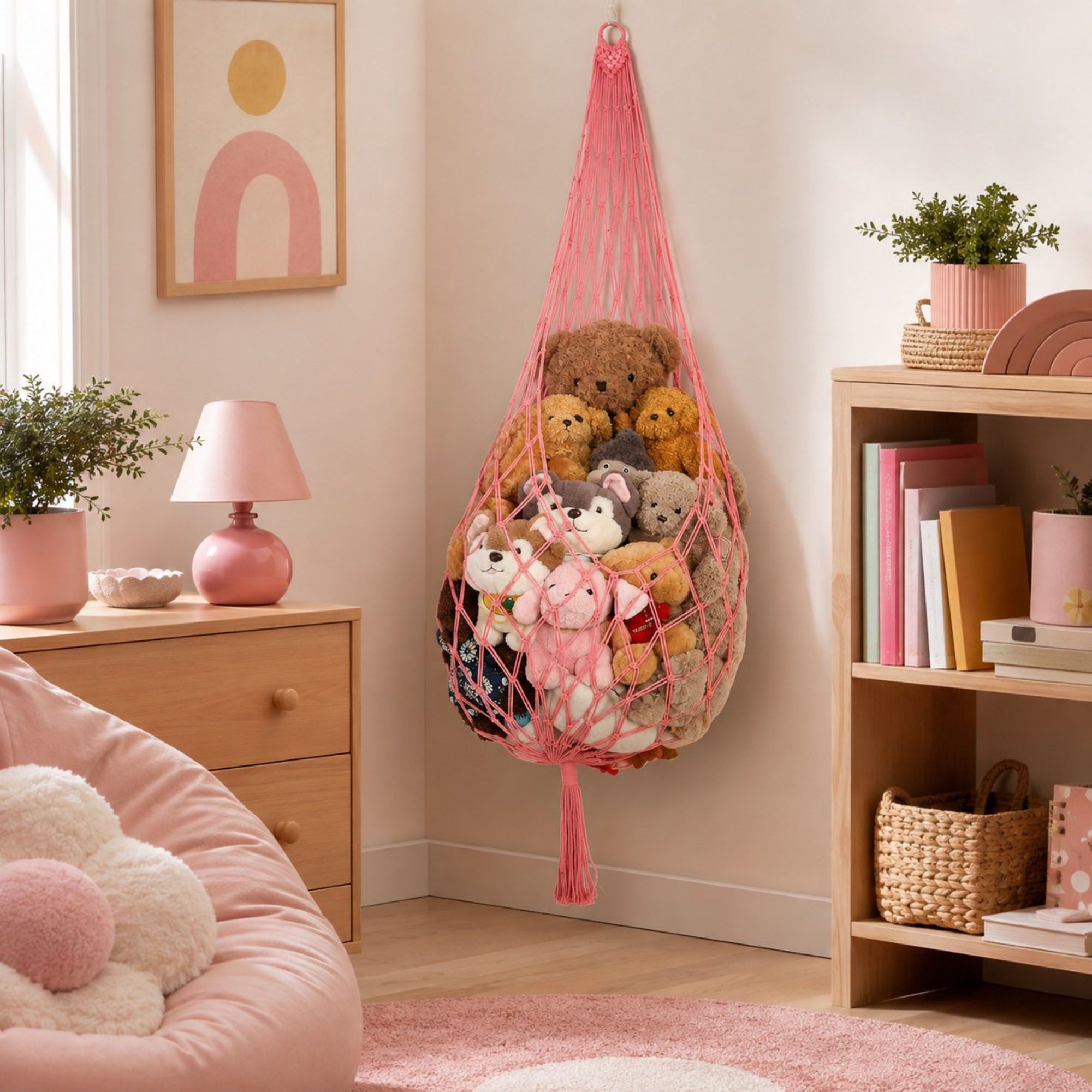 Macrame Hanging Stuffed Animal Storage Net Cotton Rope Corner Organizer