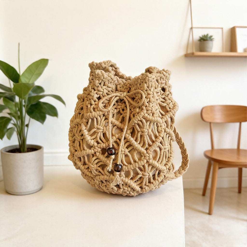 Open Knit Crochet Shoulder Bag with Drawstring Closure Lightweight Handwoven Mesh Tote Handbag