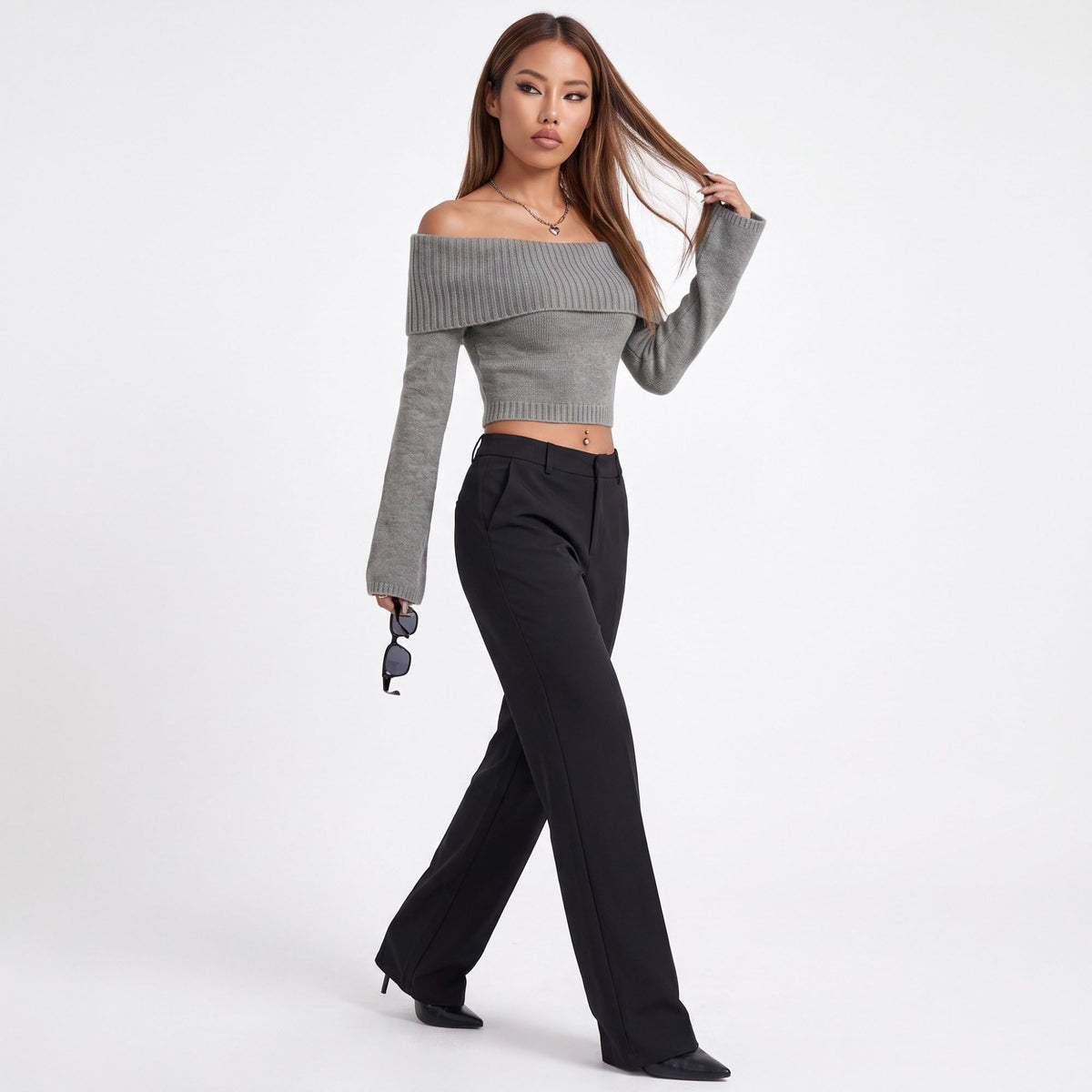 Off Shoulder Foldover Cropped Knit Sweater