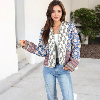 Patchwork Open Front Jacket with Floral and Geometric Prints