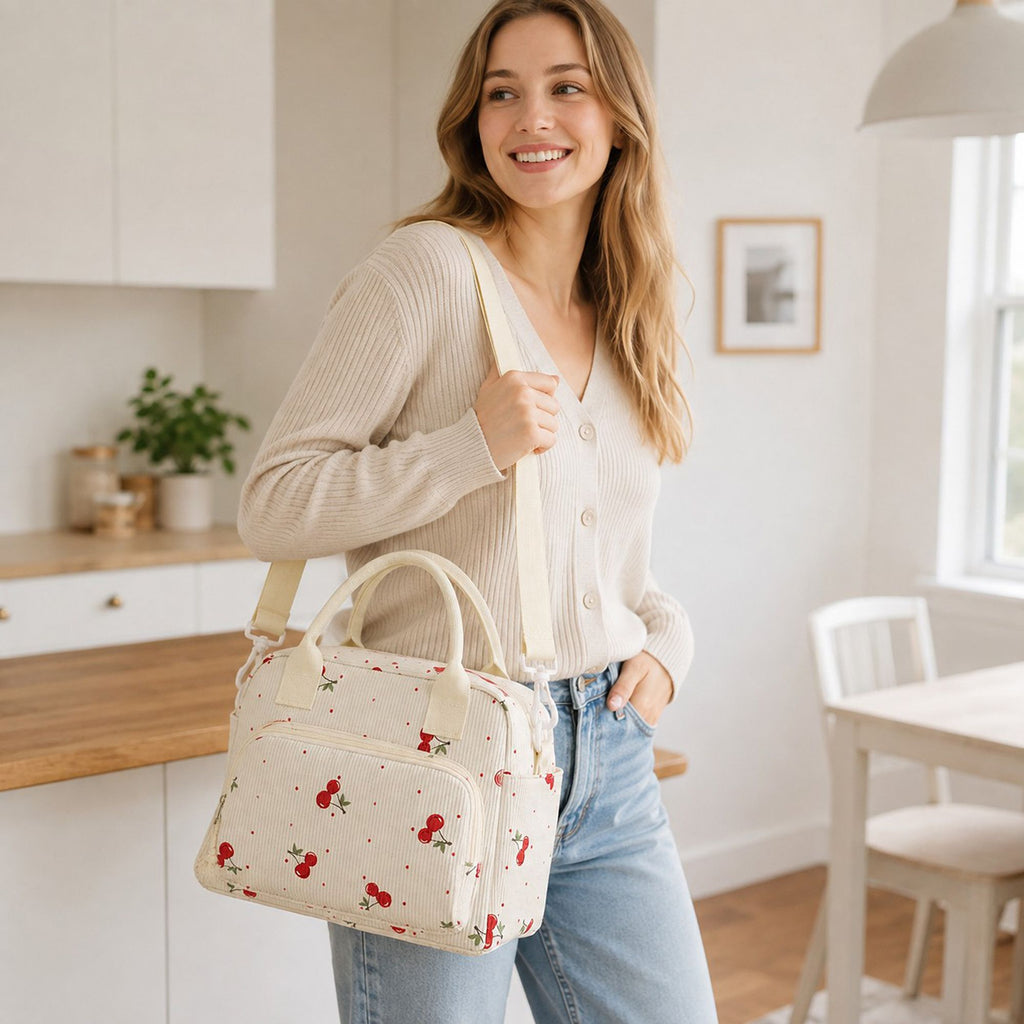 Printed Corduroy Lunch Bag with Adjustable Shoulder Strap