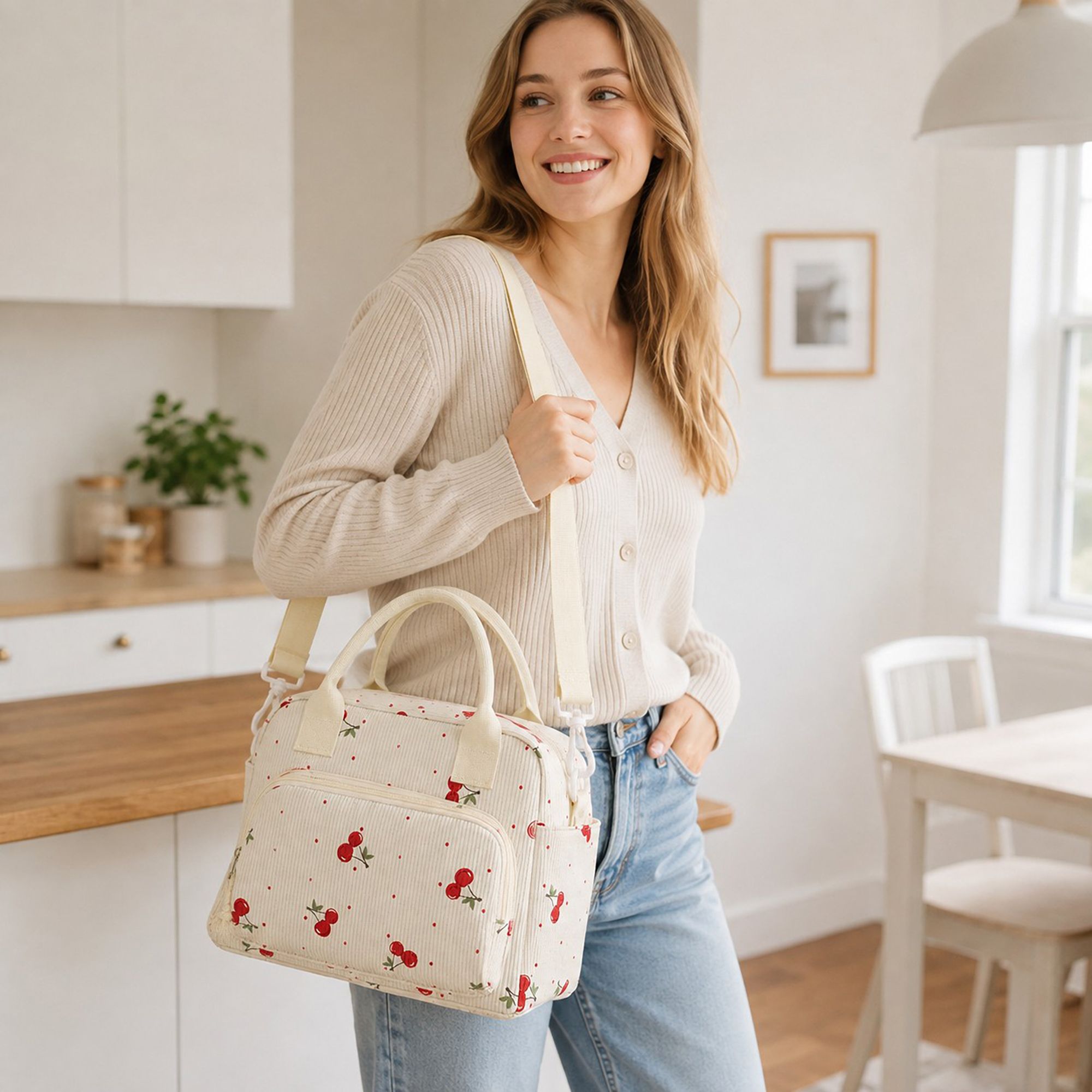 Printed Corduroy Lunch Bag with Adjustable Shoulder Strap