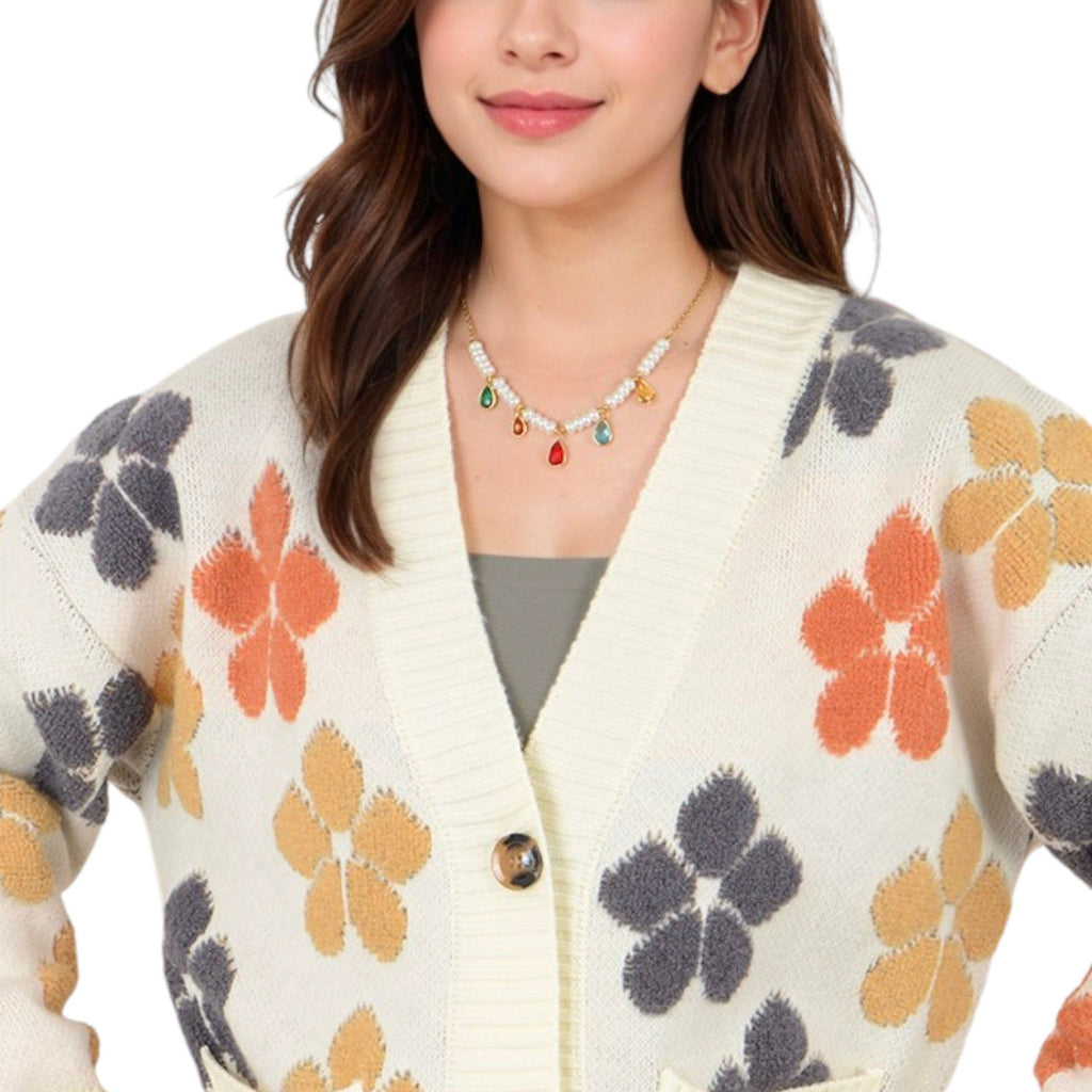 Pearl Beaded Fashion Necklace with Colorful Teardrop Crystal Charms