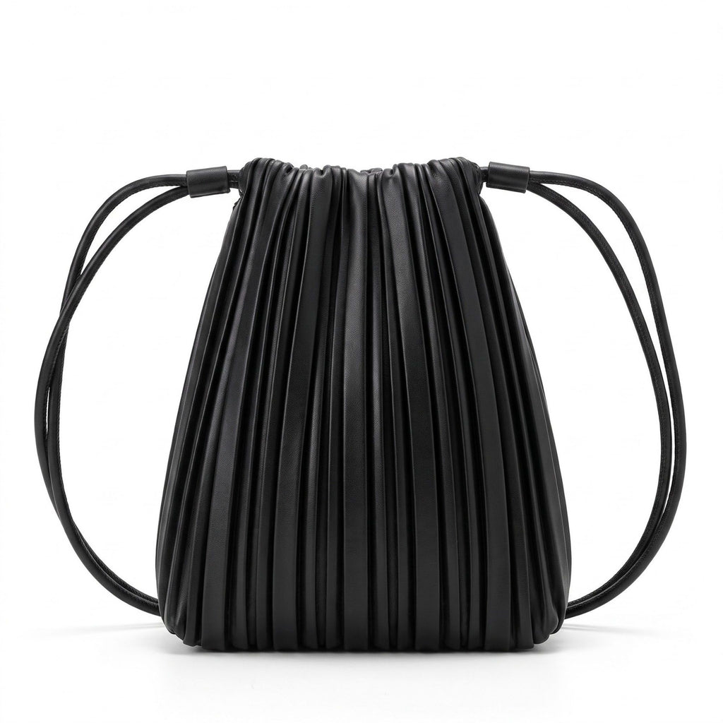 Pleated Crossbody Bucket Bag with Long Shoulder Strap and Gathered Top 7.5x8.5x3.5in
