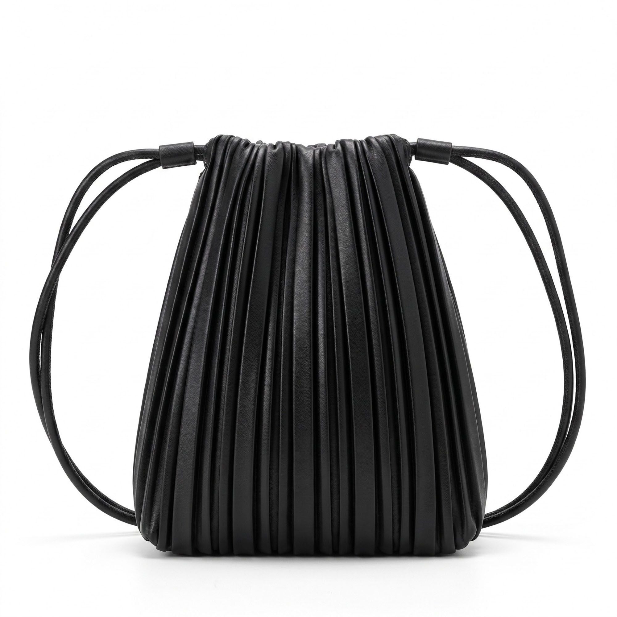 Pleated Crossbody Bucket Bag with Long Shoulder Strap and Gathered Top 7.5x8.5x3.5in