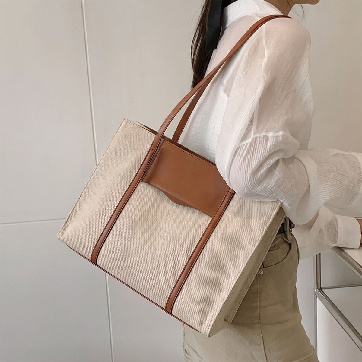 Large Structured Tote Bag with Dual Handles and Front Pocket for Work and Travel