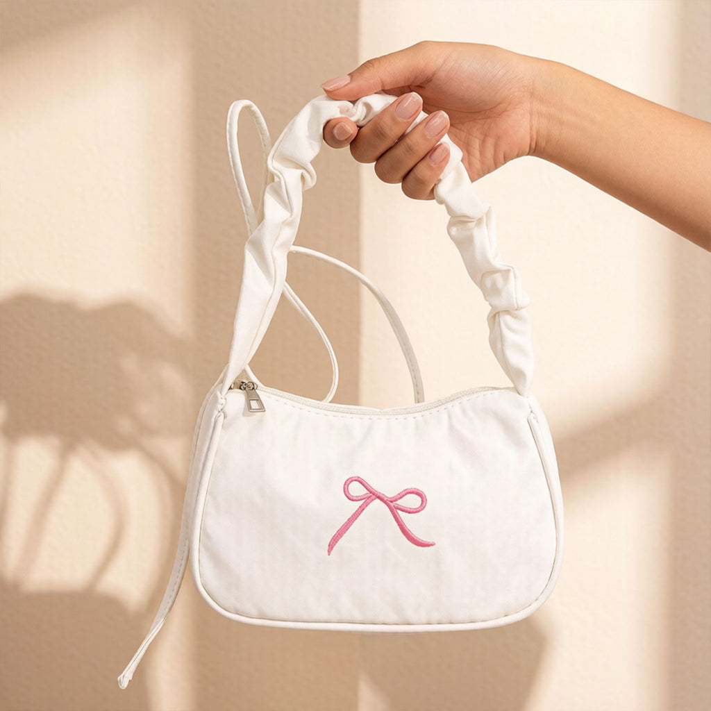 Small Bow Embroidered Shoulder Bag with Ruched Strap and Zip Closure