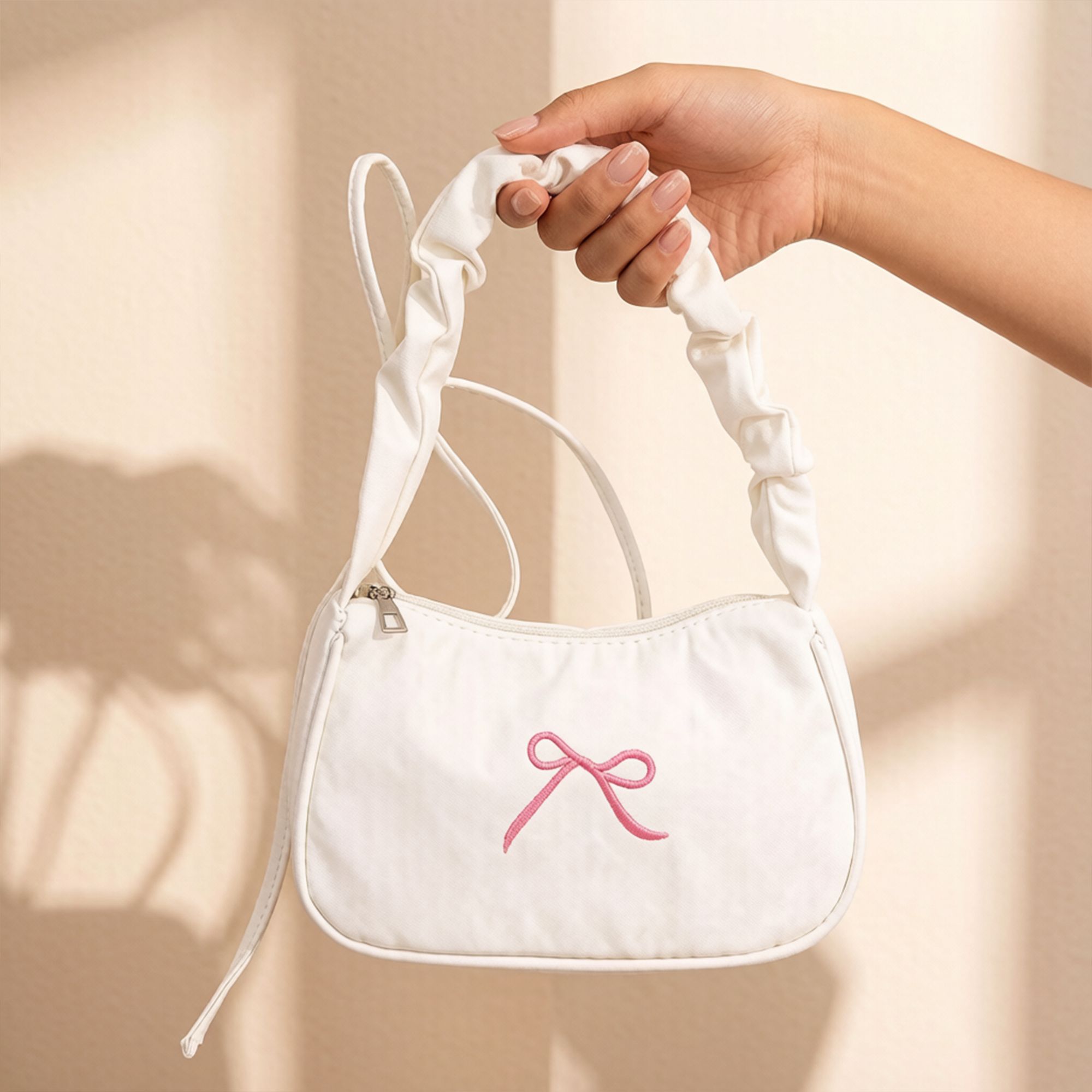 Small Bow Embroidered Shoulder Bag with Ruched Strap and Zip Closure