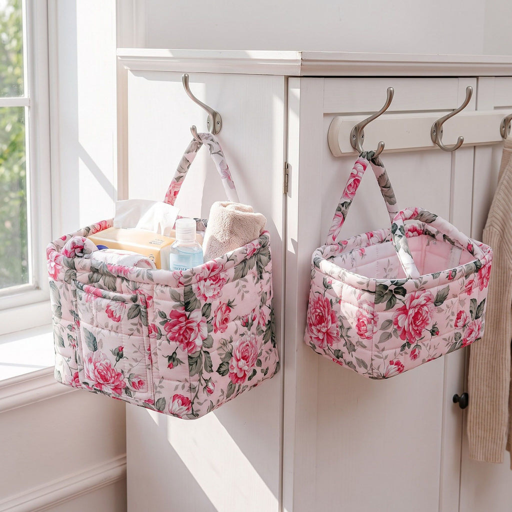 2 Piece Quilted Floral Storage Tote Set with Handles and Front Pocket