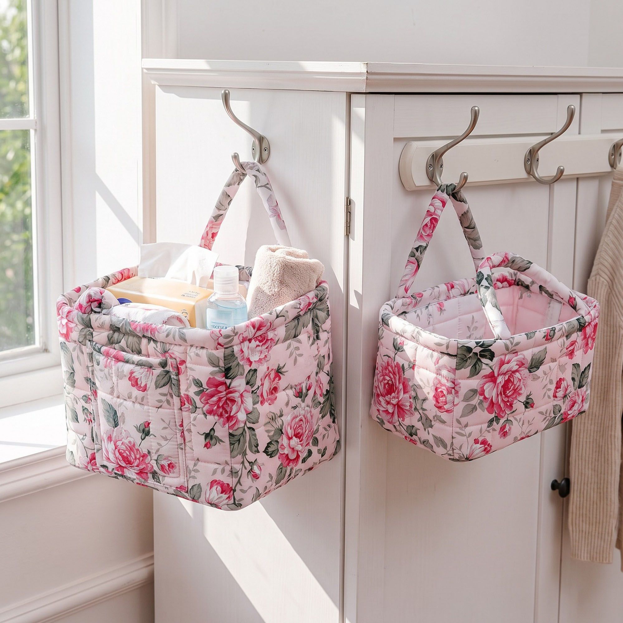 2 Piece Quilted Floral Storage Tote Set with Handles and Front Pocket
