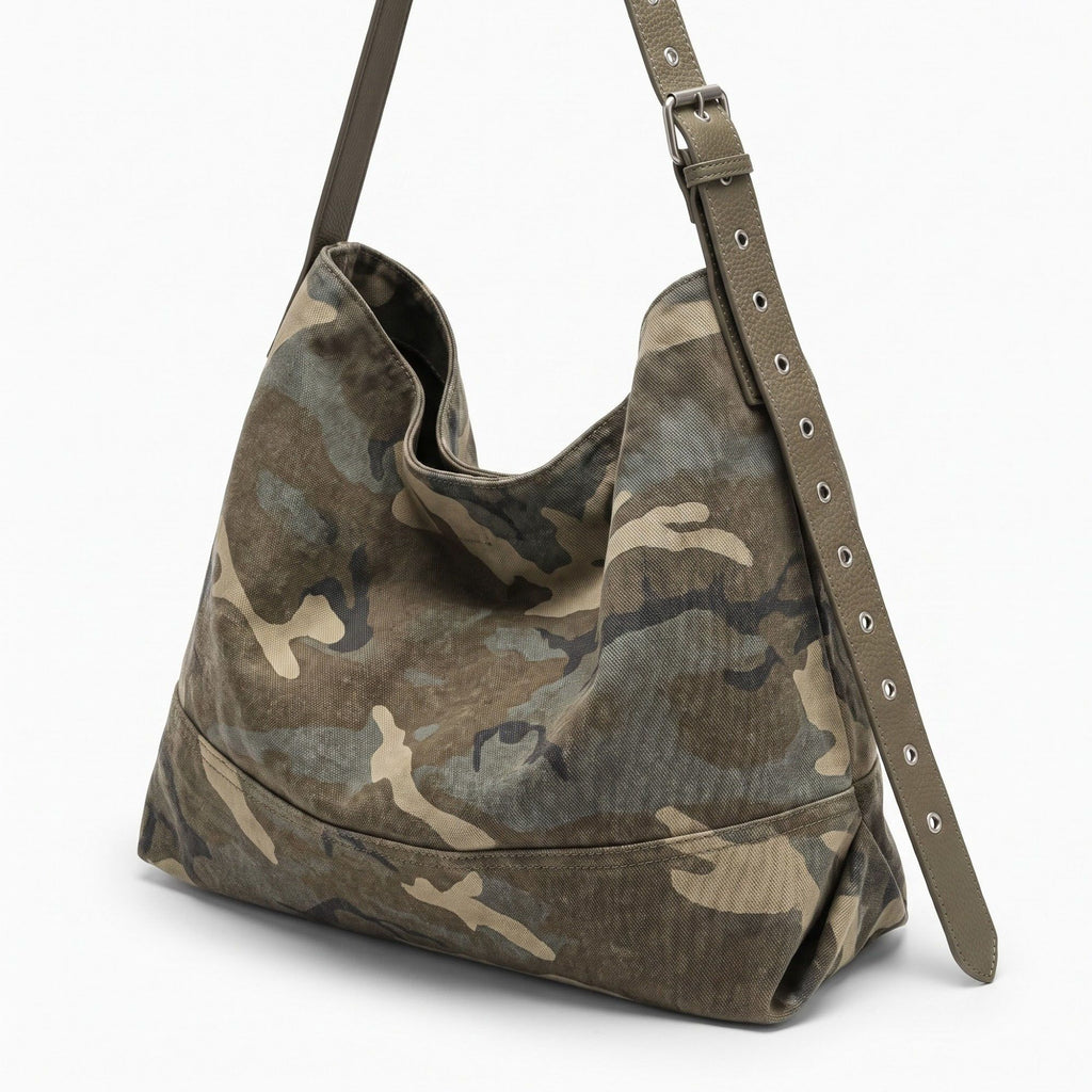 Camouflage Print Slouchy Hobo Bag with Adjustable Grommet Strap