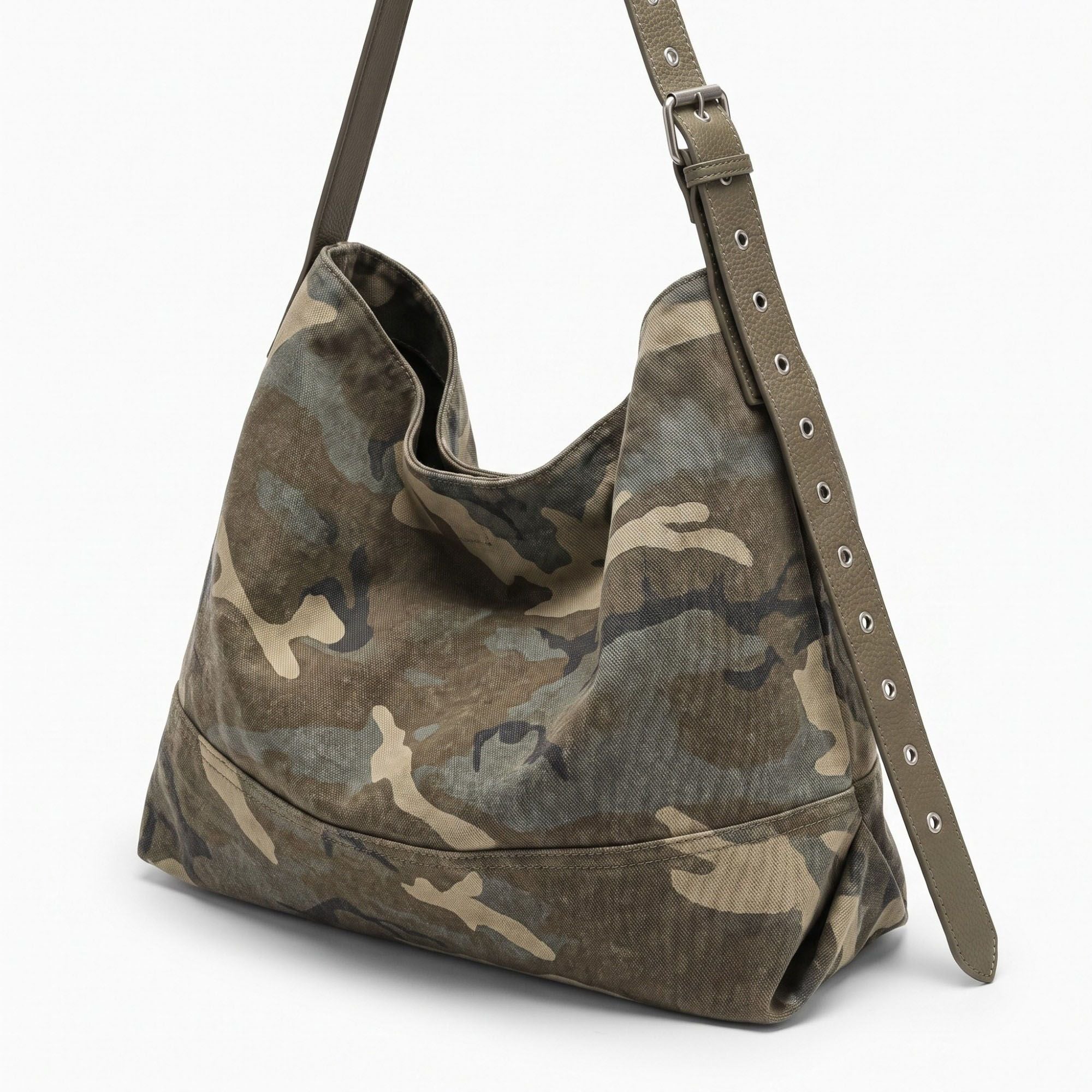 Camouflage Print Slouchy Hobo Bag with Adjustable Grommet Strap