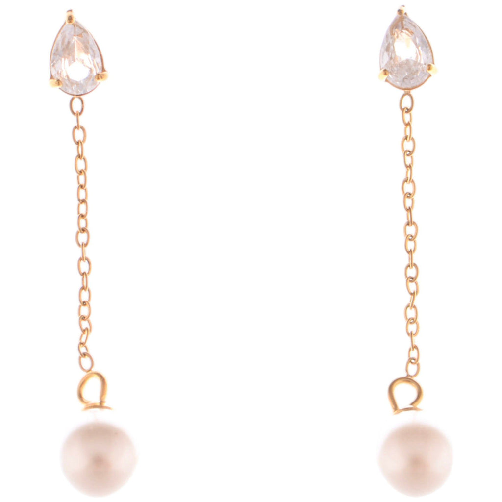Teardrop Crystal and Pearl Dangle Earrings with Delicate Chain