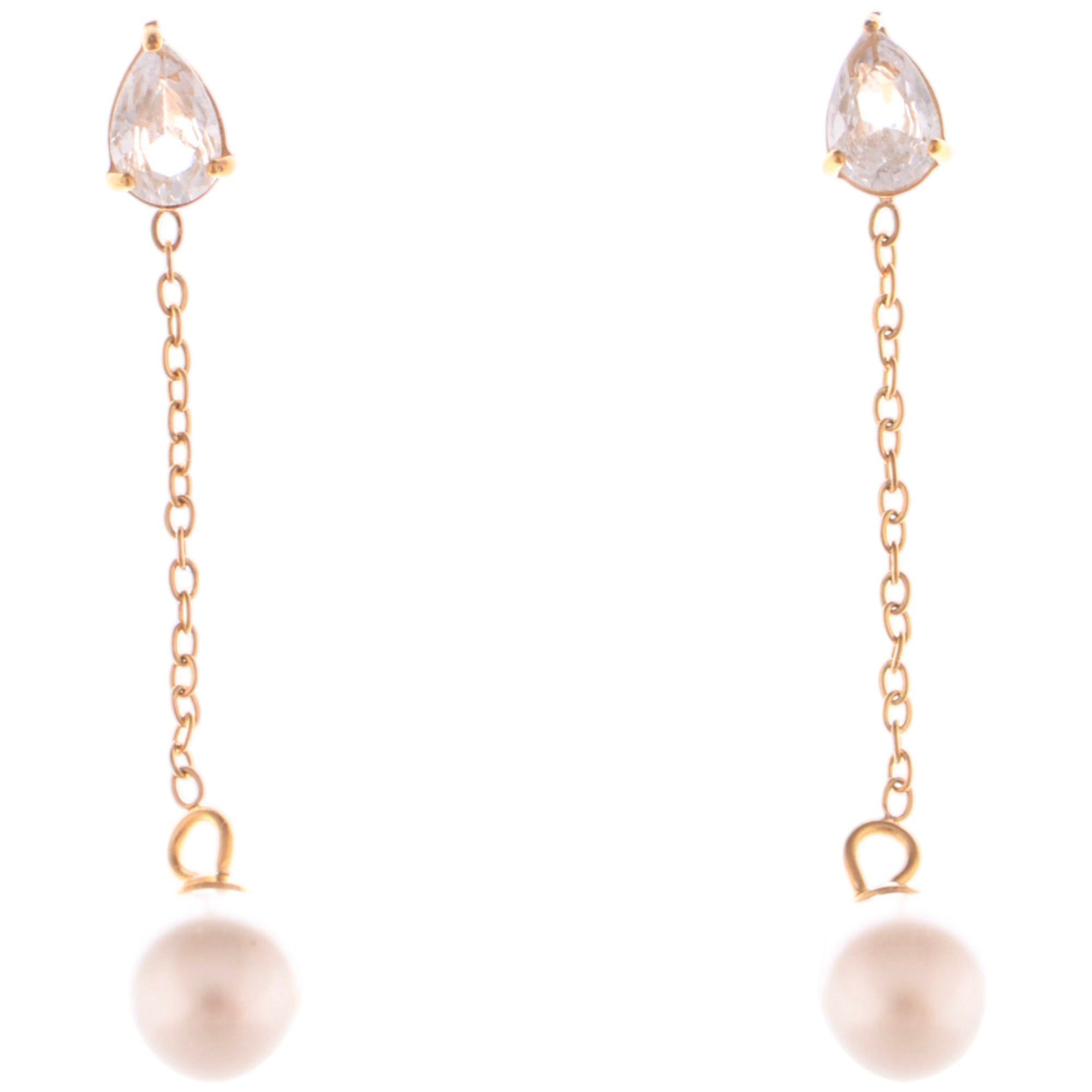 Teardrop Crystal and Pearl Dangle Earrings with Delicate Chain