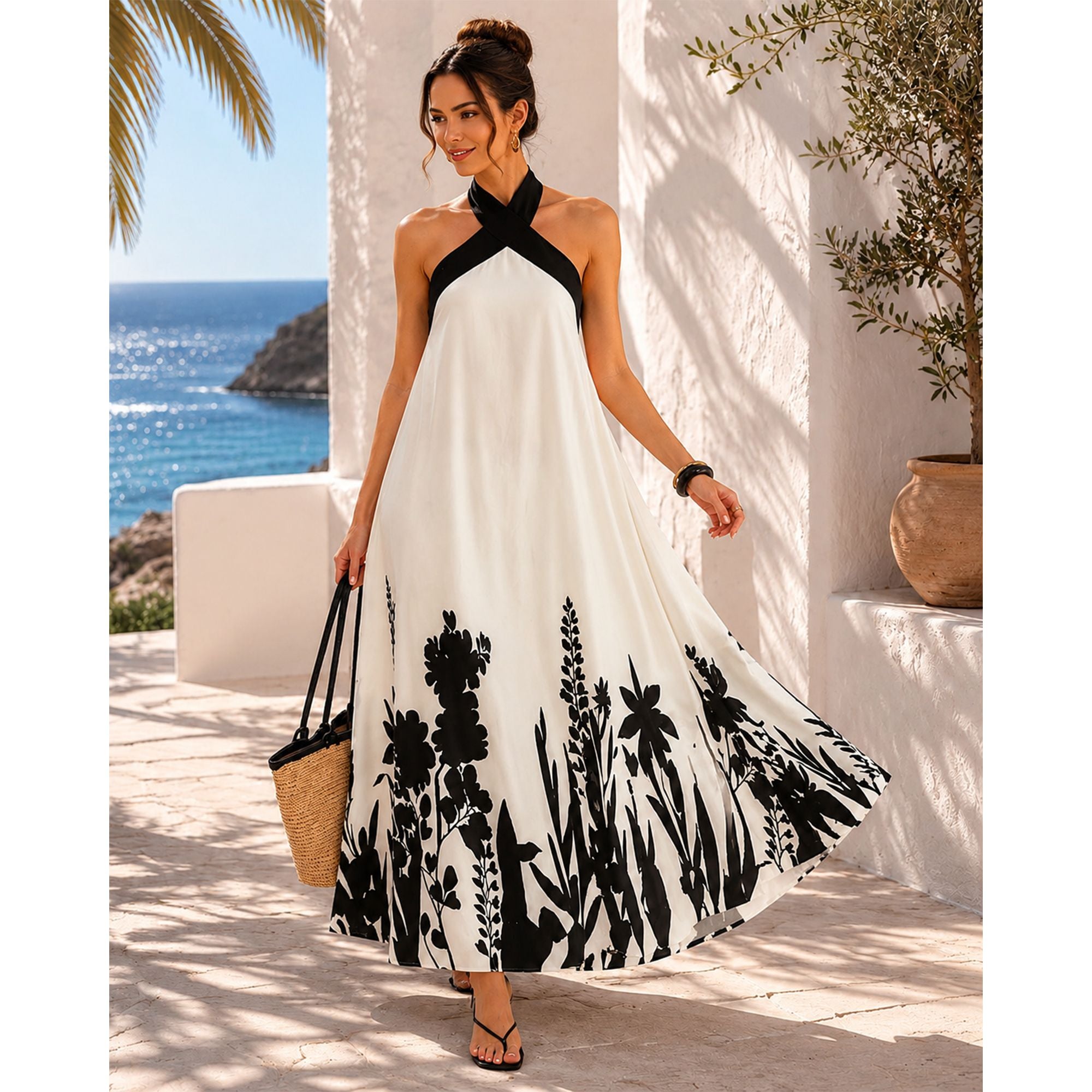 Halter Neck Maxi Dress with Crisscross Straps Open Back Tie Waist Botanical Border Print and A Line Skirt