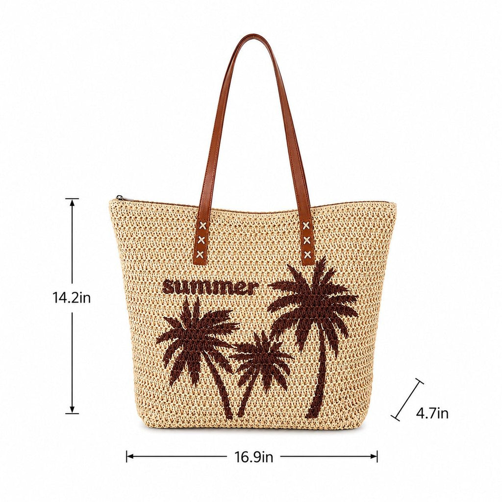Palm Tree Woven Tote Bag Large Capacity Shoulder Handbag with Faux Leather Handles