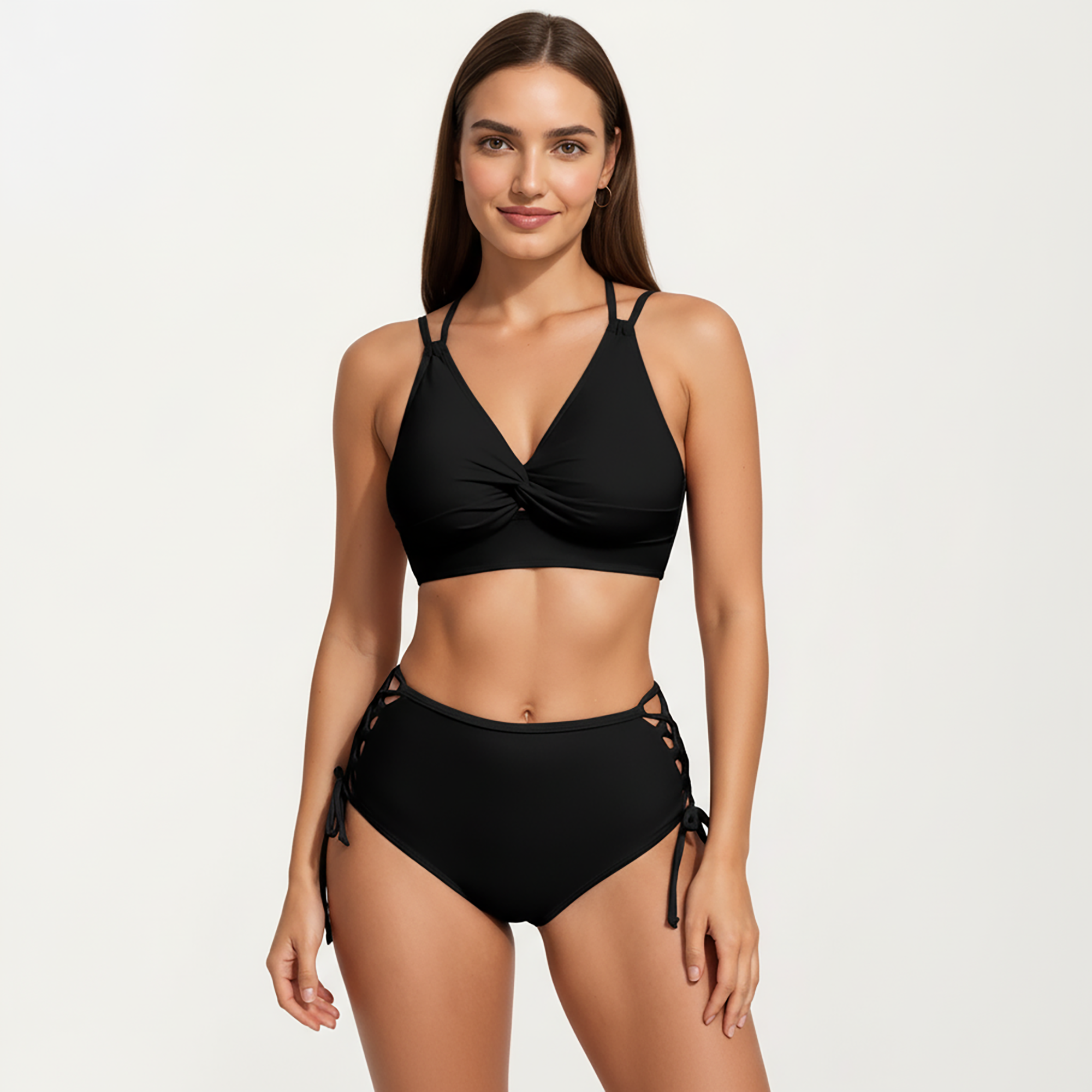 Anna-Kaci Women's 2-Piece Set Twist Front Bikini Top with Lace Up High Waisted Bottom