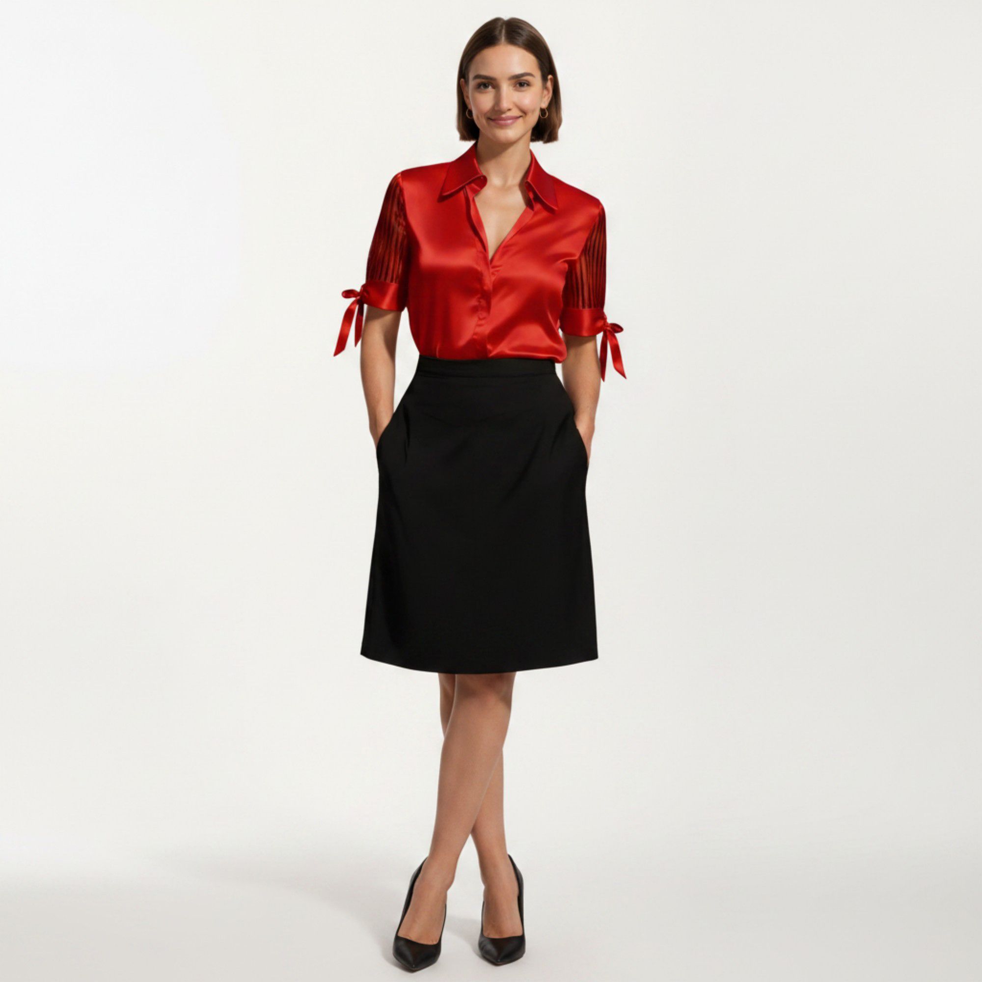 Anna-Kaci Women's Satin Collared Blouse with Sheer Stripe Sleeves and Bow Tie Cuffs