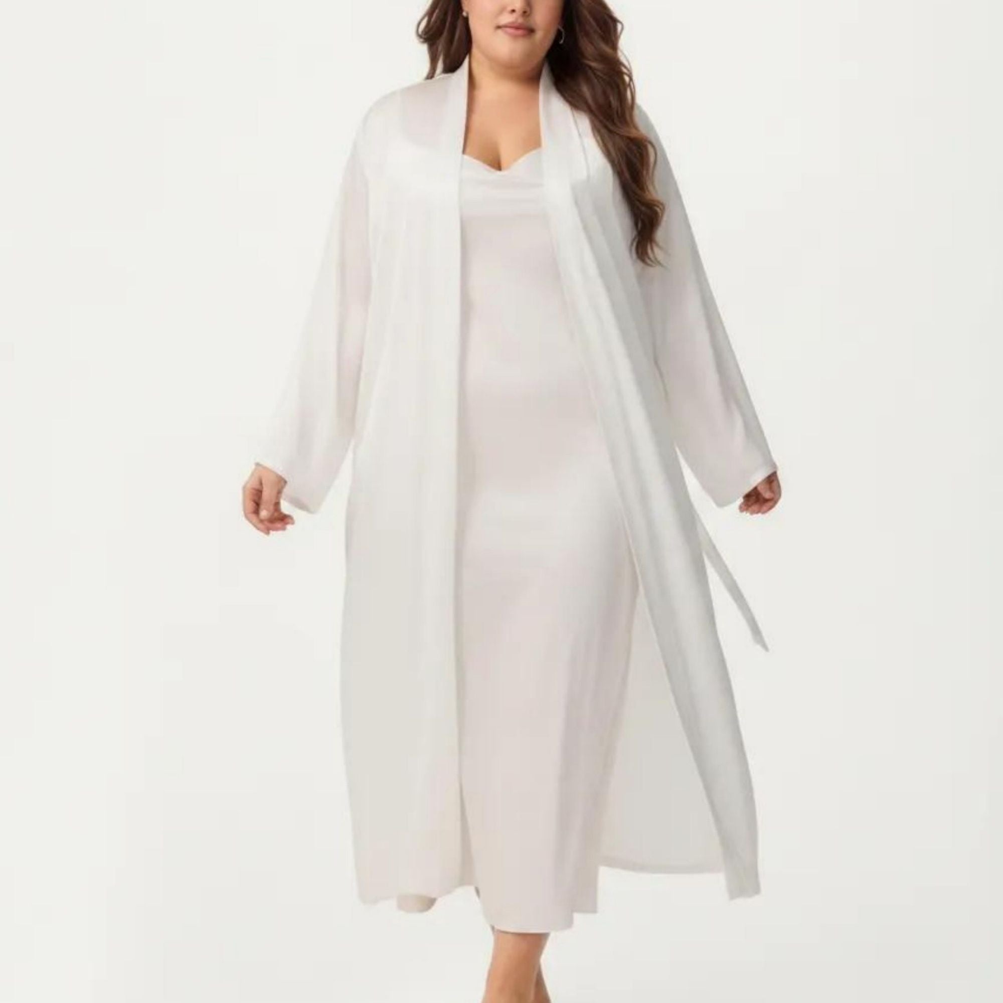 Anna-Kaci Lounge Women's Plus Size 2-Piece Satin Nightgown Set with Long Sleeve Open Front Robe Sleeveless Slip Dress Sleepwear