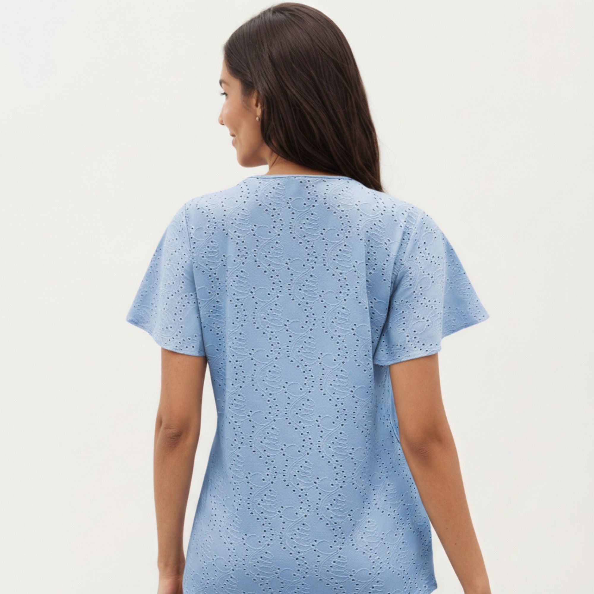 Anna-Kaci Women's Short Sleeve Eyelet V-Neck Top with Floral Embroidery and Flutter Sleeves