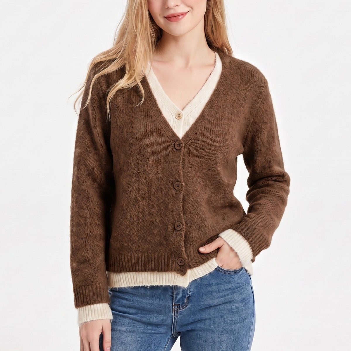Contrast Trim Layered V Neck Button Front Cardigan