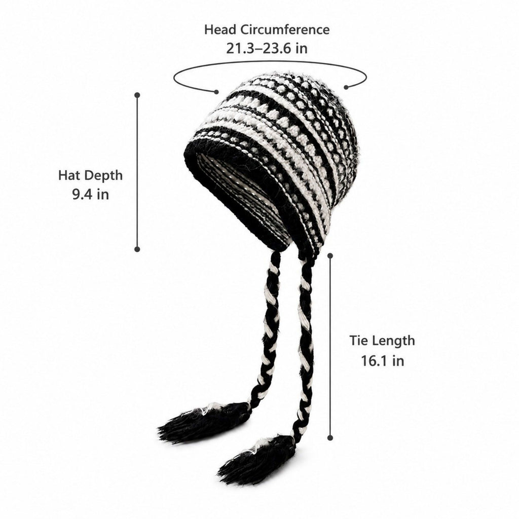 Patterned Knit Beanie with Braided Tassels