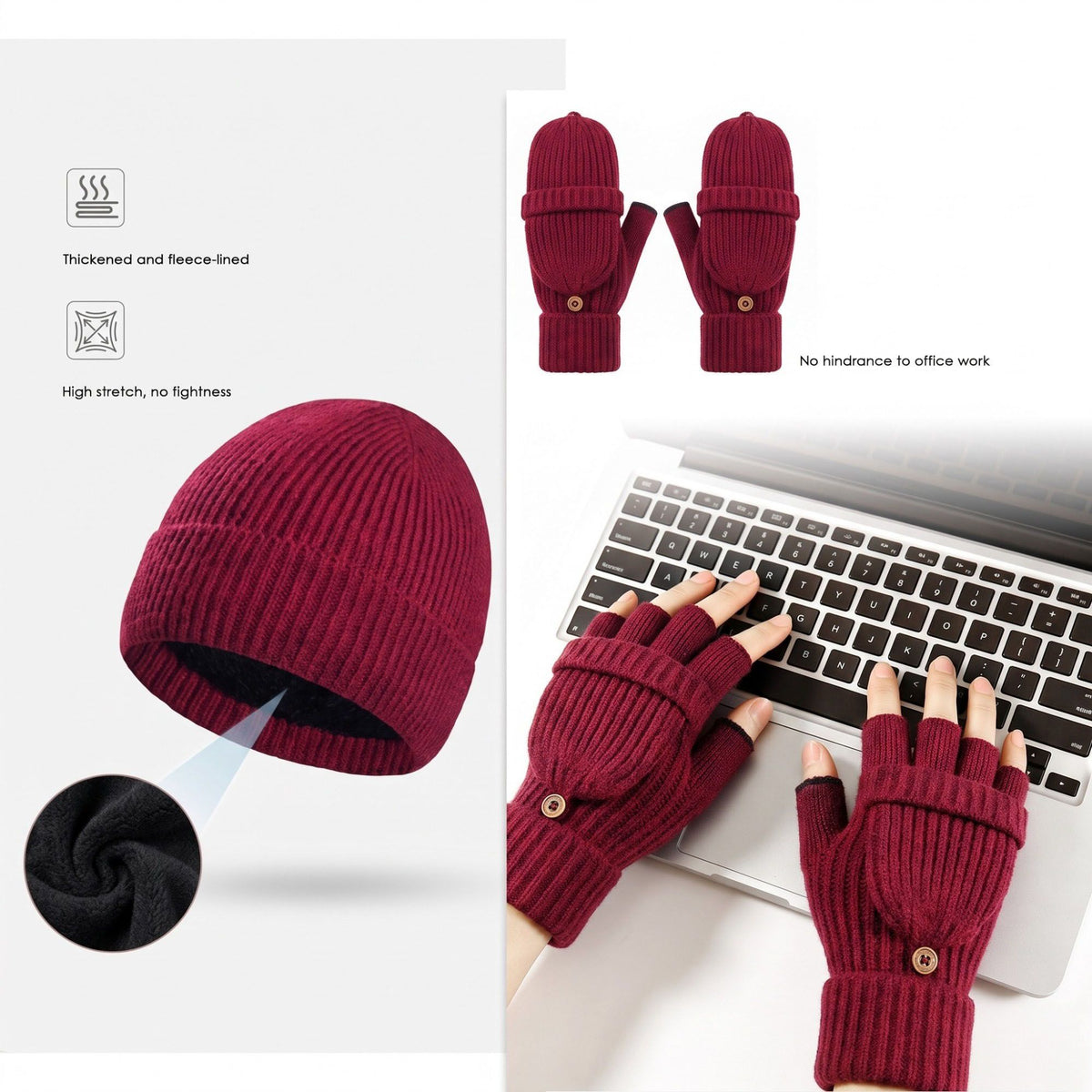 3 Piece Beanie Scarf and Convertible Fingerless Gloves Winter Set