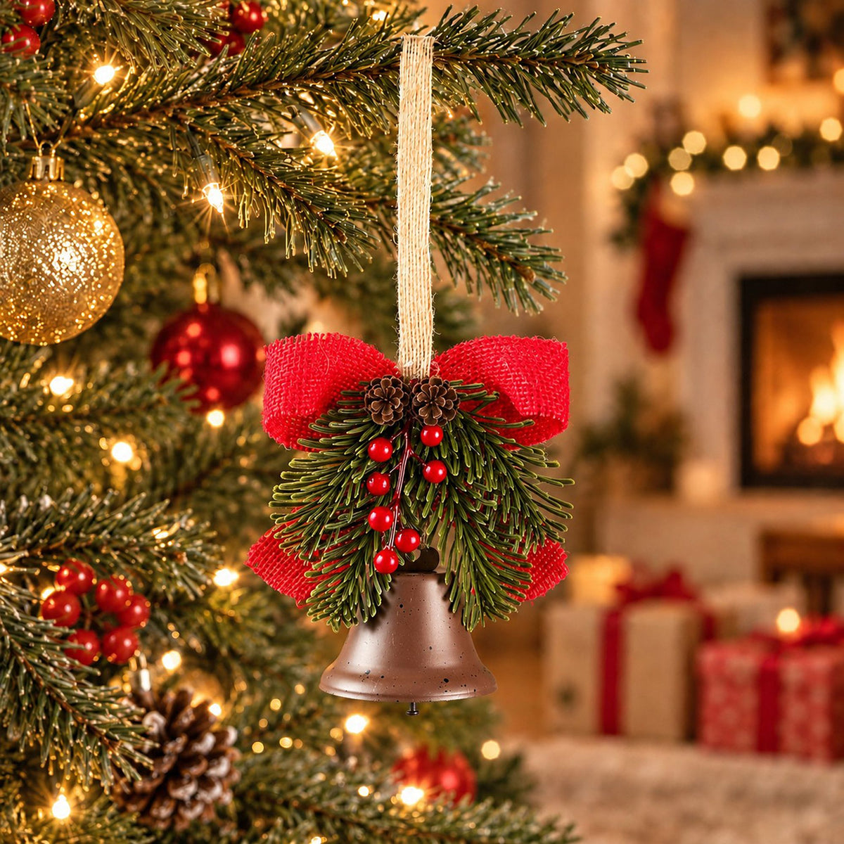 Christmas Bell Ornament with Bow Pinecones Berries and Greenery