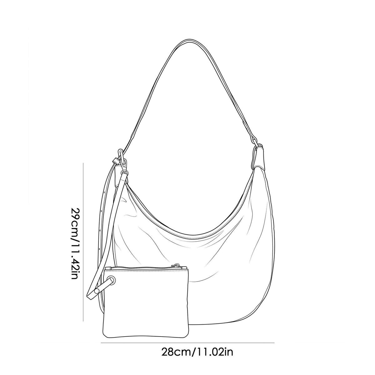 Crescent Hobo Shoulder Bag with Detachable Zip Pouch and Adjustable Strap