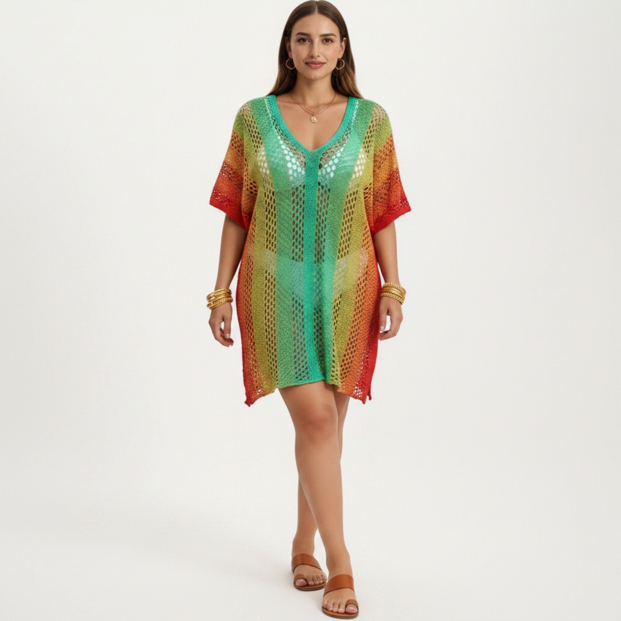 Anna-Kaci Women's Ombre Crochet Swim Cover Up Dress with Open Knit Mesh Design V Neck Short Sleeves Relaxed Fit