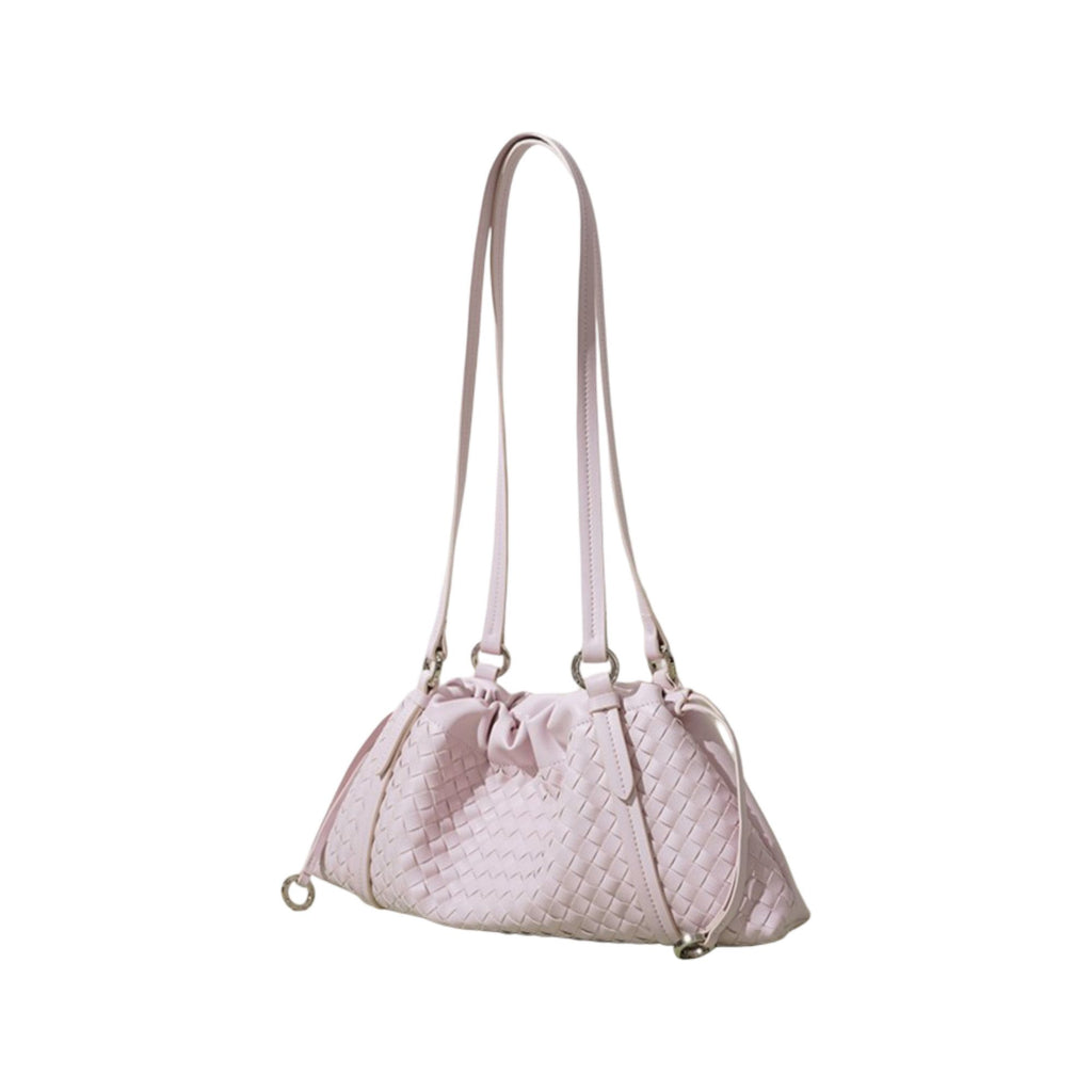Woven Leather Shoulder Satchel with Ruched Top Detail Long Straps and Slouchy Shape